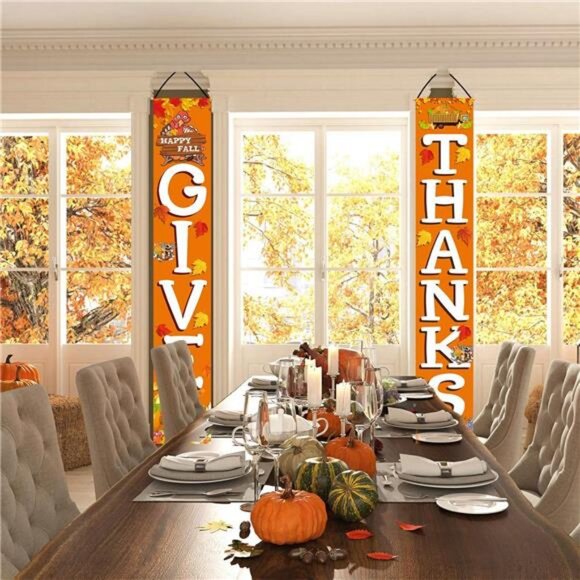 GIVE THANKS Hanging Banner Porch Sign Autumn Pumpkin Maple Leaf Backdrop Flag - Picture 6 of 8